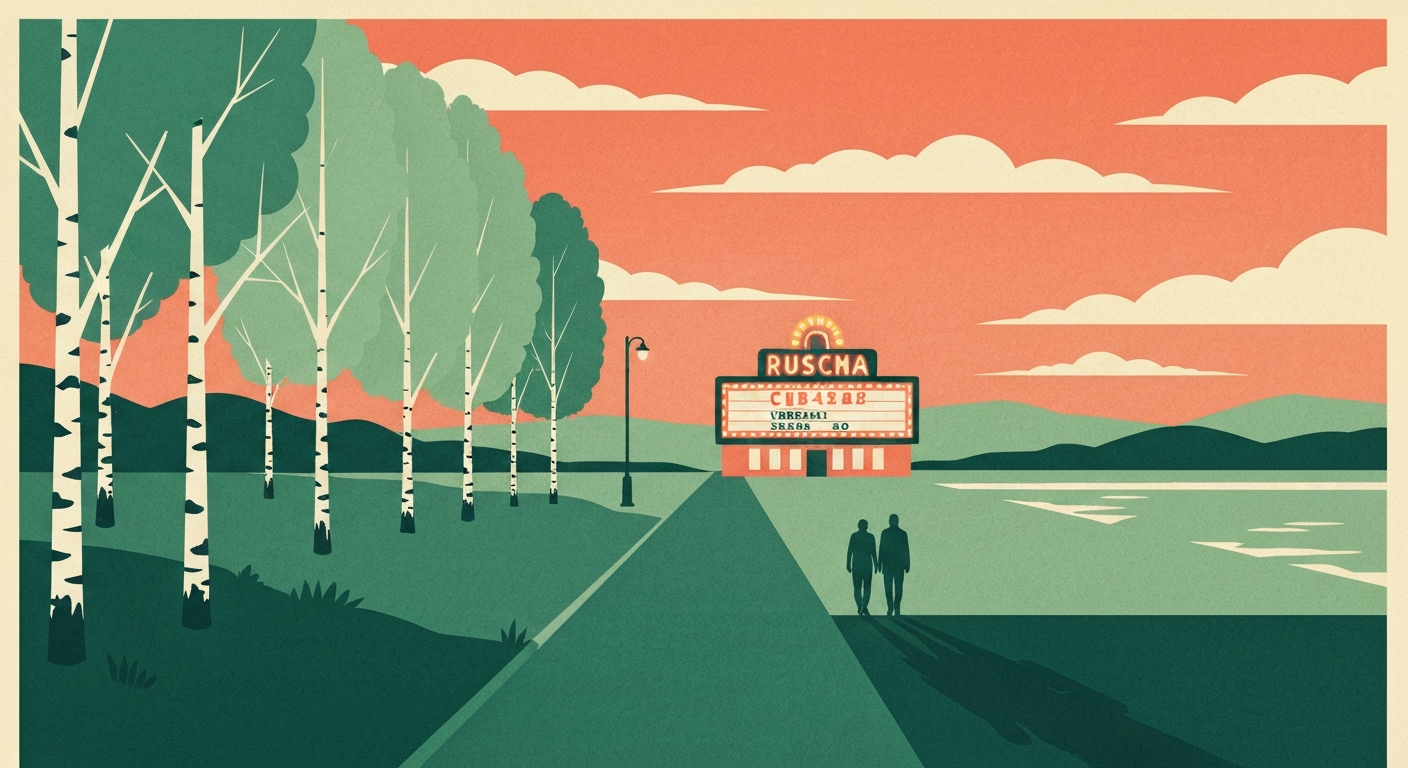 A cinematic still of a snowy Russian landscape at dusk, evoking the mood of classic Soviet and modern Russian cinema