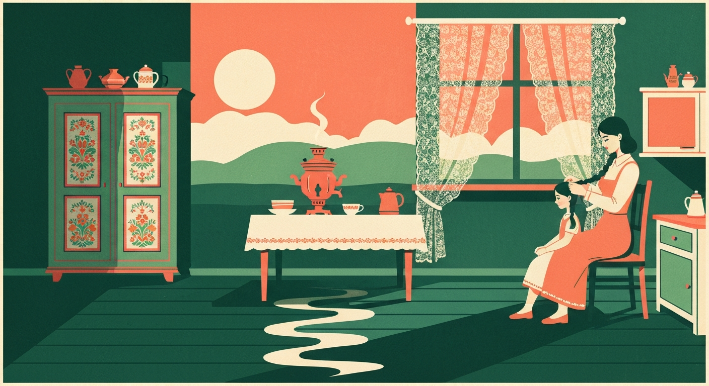 A grandmother and grandchild sitting at a kitchen table, sharing tea, with warm afternoon light - a scene typical of Russian family life where diminutives like mamochka and dochka flow naturally