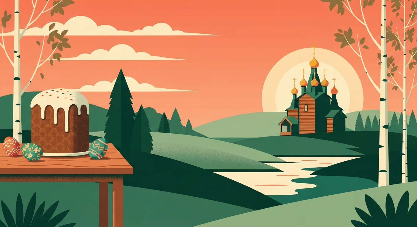 Decorated red and gold Easter eggs, a tall kulich bread with white icing, and lit candles arranged on a linen cloth for Russian Orthodox Easter